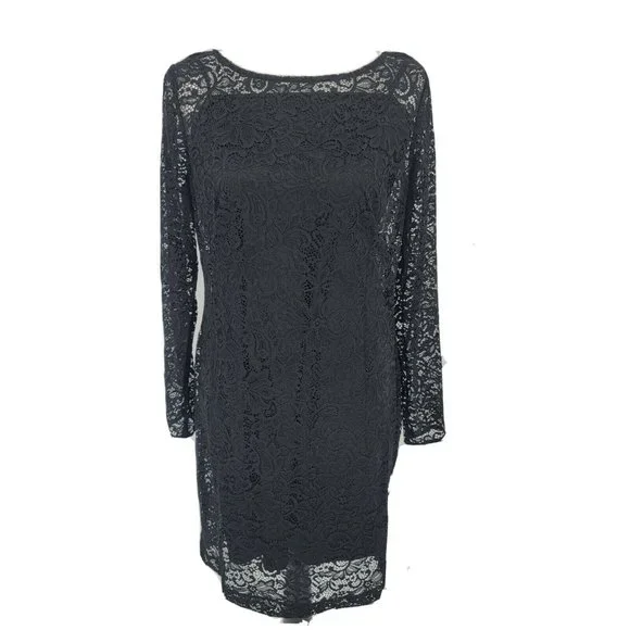 Chaps | Dresses | Chaps Black Lace Sheath Dress Long Sleeve Lined 2 |  Poshmark